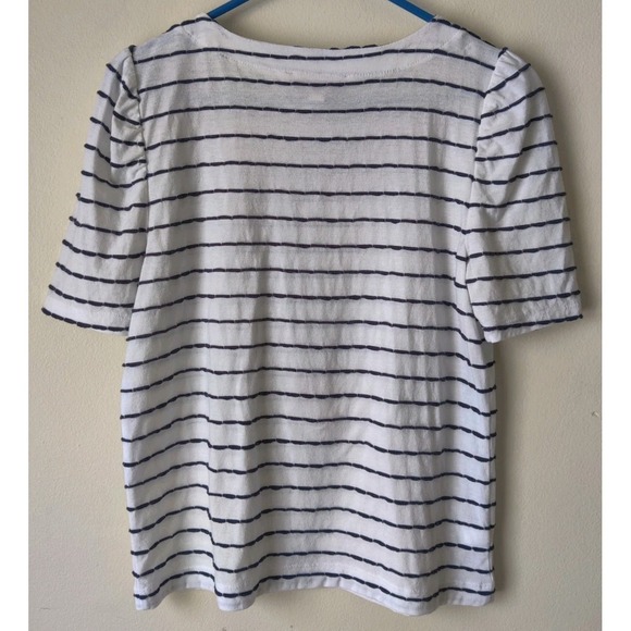 Loft Women's Short Sleeve White Top with Navy Stripes Puff Sleeves Size Small - Picture 2 of 4
